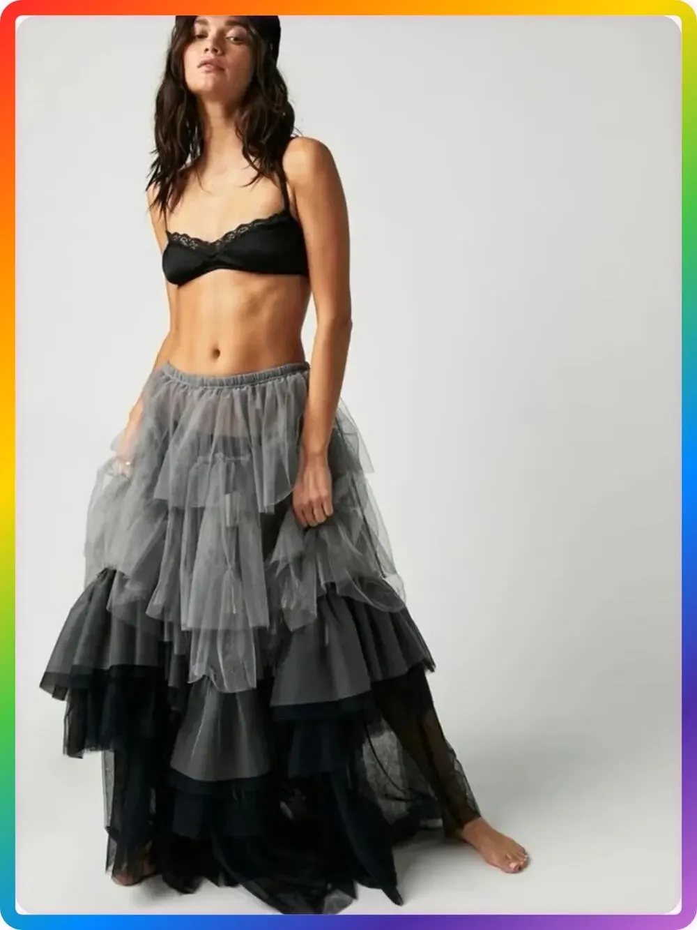 Free People Tulle Tiered Maxi Slip Skirt SIZE L Black Combo Layered Romantic
